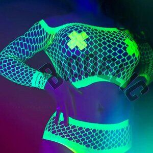 BioDelic Bright Neon Lingerie Set UV GLOW Top Panty Mesh Outfit Bralette Fantasy